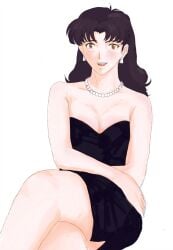 black_dress blush clothing dress earrings long_hair looking_at_viewer misato_katsuragi necklace neon_genesis_evangelion purple_hair smiling smiling_at_viewer spiraltoys thighs