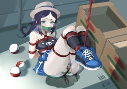 arms_tied_behind_back black_hair bondage bound_ankles bound_legs female gag gagged green_eyes ivanfx looking_at_viewer pokeball pokemon pokemon_trainer tape_gag tears