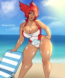 alternate_breast_size bathing_suit beach curvy dark-skinned_female gijinka huge_breasts latias latias_(cosplay) npczoey oiled pokemon pokemon_(species) red_eyes red_hair wet_skin wide_hips