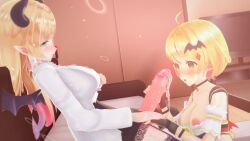 1futa 1girls 3d big_breasts big_penis blowjob clothed clothing cum duo erection female futa_on_female futanari hololive humanoid humanoid_penis light-skinned_futanari light_skin mostly_clothed virtual_youtuber wataamage yozora_mel yuzuki_choco