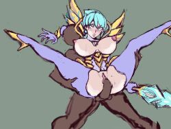 1boy 1girls areolae big_breasts blue_eyes blue_hair blush chaos_and_order_series dark-skinned_male dawnbringer_riven faceless_male female footwear fucked_silly gold_heels high_heels interracial league_of_legends male nipples orgasm partially_clothed penis riven short_hair spread_legs thick_thighs vagina vaginal vaginal_penetration vaginal_sex xxxxu