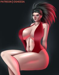 1girls alternate_version_available artist_logo big_breasts black_hair blue_eyes cleavage covering_breasts dark_background female hands_behind_back legs_crossed long_hair looking_at_viewer momo_yaoyorozu my_hero_academia osheeda pale-skinned_female patreon_username red_light red_swimsuit sitting swimwear thick_thighs wide_hips widescreen