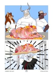 absurd_res anthro apple_in_ass apple_in_mouth apricus_(tfp) arms_behind_back beef_(tyrannus_rexus) blue_eyes bovid bovine brown_body brown_fur canid canine canis cattle chastity_cage chastity_device domestic_dog domestic_pig english_text esno_(the_fangs_palace) food food_fetish food_insertion food_play fur furry gag hans_(hairypigcub) hi_res husky improvised_sex_toy invalid_tag lager_(tfp) male malesub mammal multiple_boys nordic_sled_dog nude page_9 pink_body pink_skin produce produce_in_ass produce_insertion suid suina sus_(pig) tassy tassy_(artist) the_fangs_palace wolf yaoi