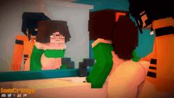 1boy 1girls adult animated bent_over big_ass breasts brown_hair commission erect_nipples female from_behind gif glasses heterosexual iamcringe irene_cream_(iamcringe) lifted_shirt light-skinned_female light_skin mex_arthur_(arthur32) mine-imator minecraft mirror mirror_reflection open_mouth orange_eyes ponytail standing straight swaying_breasts sweater sweater_lift tagme toilet vaginal_penetration