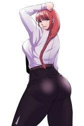 1girls ass ass_focus back back_view belt big_ass big_breasts black_pants bottomwear braid breasts chainsaw_man clothing female female_only huge_ass jerukperas legs looking_back makima_(chainsaw_man) red_hair solo solo_female thick_thighs thighs tie topwear white_hair white_shirt yellow_eyes