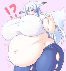 !? 1girls animal_ears bangs belly big_belly blue_legwear blush borrowed_character breasts byakusen_(amabiko_kote) casual d; denim eyebrows_visible_through_hair fat fat_rolls female female_only fox_ears fox_girl fox_tail futon7979_(artist) futon_(artist) hands_up highres huge_breasts jeans long_hair looking_down midriff muffin_top navel obese one_eye_closed open_mouth original overweight overweight_female pants pink_background purple_eyes shirt short_sleeves silver_hair simple_background solo surprised surprised_arms sweat t-shirt tail taut_clothes thick_thighs thighs torn_clothes wavy_mouth weight_gain white_shirt wince