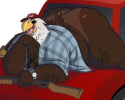 1boy big_ass bottomless brown_fur bubble_butt butt_focus chubby chubby_male eagle fat_ass furry glasses hat laying_on_stomach lolipop markings on_car on_vehicle open_mouth panties_marks shades shirt_open shotgun side_view superchub thick_thighs trashtoonz watch white_fur