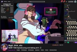 1futa big_ass brown_hair clothing d.va fully_clothed futa_only futanari glare glaring hourglass_figure human implied_futanari looking_at_viewer overwatch red_eyes sitting solo solo_futa streachybear text thick_thighs thighhighs twitch.tv wide_hips