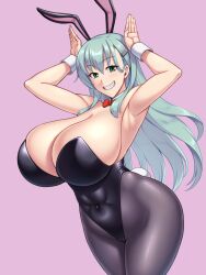 alternate_breast_size black_legwear breasts bunny_girl bunny_pose cleavage female gigantic_breasts green_eyes green_hair grin hair_ornament hairclip highleg highleg_leotard kantai_collection kawanuma_uotsuri leotard long_hair pantyhose playboy_bunny smile strapless strapless_leotard suzuya_(kantai_collection) voluptuous wrist_cuffs