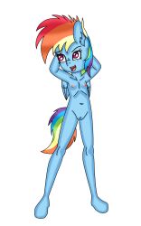 absurd_res anthro blossomblaze female freckles friendship_is_magic genitals hair hands_behind_back hasbro hi_res humanoid long_hair my_little_pony nipples pussy rainbow_dash_(mlp) smile smooth_skin solo spread_legs spreading wings