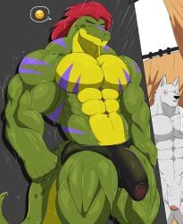 anatake bara bathing bathroom big_balls big_penis black_body black_fur black_nose blush bulge closed_eyes clothed clothing crocodile crocodile_tail emoji five_nights_at_freddy's five_nights_at_freddy's:_security_breach flaccid fur furry green_body looking_back male male_only montgomery_gator_(fnaf) muscles muscular muscular_male red_hair tail wolf wolf_ears