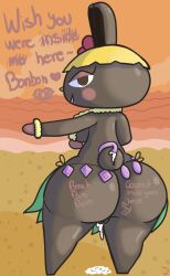 2022 animal_crossing ass_focus bedroom_eyes body_writing bonbon_(animal_crossing) condom cum_drip filled_condom grass_skirt klutzatdusk nintendo seductive