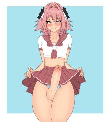 1boy astolfo_(fate) balls big_penis blue_background drawtter erect_penis erection fate_(series) femboy hung_trap light-skinned_femboy light-skinned_male light_skin looking_at_viewer male male_only penis pink_hair skirt skirt_lift testicles trap