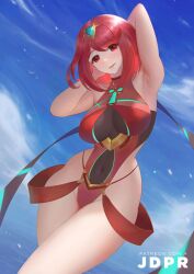 1girls alternate_version_available armpits big_breasts breasts cleavage female female_only hand_on_head hips jdpr legs leotard looking_at_viewer pyra red_eyes red_hair short_hair smile solo solo_female tagme thick_thighs thighs xenoblade_(series) xenoblade_chronicles_2