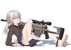 1girls absurd_res absurdres ass bare_legs barefoot between_toes bolt_action cheytac_m200 commentary convenient_leg eyebrows_visible_through_hair eyes_visible_through_hair feet girls'_frontline gun highres jacket knees_up legs looking_at_viewer m200_(girls_frontline) miniskirt pale_skin ponytail purple_eyes revision rifle school_uniform silver_hair simple_background single_sock skirt socks soles solo underass vectorek