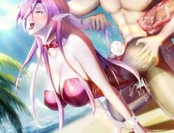 1boy 1girls ahe_gao all_fours alternate_costume animal_ears ass_grab azur_lane backless_leotard bare_shoulders black_legwear blush breasts censored cleavage cum detached_collar duke_of_york_(azur_lane) ejaculation fake_animal_ears female gosama highres huge_breasts leotard light-skinned_female light-skinned_male light_skin mosaic_censoring open_mouth outdoors pantyhose penis playboy_bunny purple_hair rabbit_tail red_eyes red_leotard royal_navy_(azur_lane) sex sex_from_behind straight strapless strapless_leotard tail thighband_pantyhose tongue tongue_out x-ray