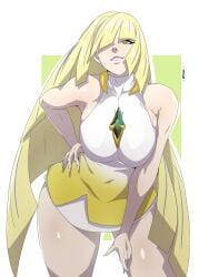 1girls alternate_breast_size big_breasts blonde_hair breasts cleavage dress female female_only game_freak green_eyes hand_on_hip hi_res highres jerukperas large_breasts legs long_hair looking_at_viewer lusamine_(pokemon) mature mature_female milf mother pokemon pokemon_sm smile solo solo_female thick_thighs thighs topwear