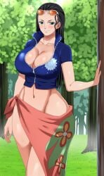 1girls alternate_costume areola barely_clothed black_hair blush curvaceous curvy eyewear_on_head female female_only hi_res high_resolution huge_breasts human large_breasts long_hair looking_at_viewer naughty_face navel nico_robin nipple_slip nude_underneath one_piece pinkpawg revealing_clothes sarong seductive seductive_smile smile solo solo_female sunglasses_on_head