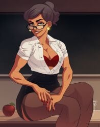 1girls apple avatar_the_last_airbender bra classroom clothing desk earrings female female_only glasses green_eyes grey_hair large_breasts mature_female nail_polish nickelodeon red_nails sitting skirt solo stockings suyin_bei_fong teacher the_legend_of_korra triplexmile