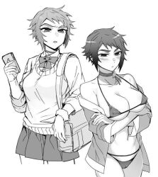 alternate_costume arms_crossed_under_breasts big_breasts bikini black_hair blush cellphone choker cleavage crossed_arms demon_slayer female female_only genderswap_(mtf) kaigaku kimetsu_no_yaiba micro_bikini monochrome nipple_bulge off_shoulder pleated_skirt rule_63 school_uniform schoolgirl short_hair solo swimsuit thick_eyebrows thick_thighs tomboy very_short_hair