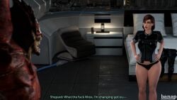 1boy 1girls 3d angry banap blender_(software) comic comic_page commander_shepard english_text female femshep hand_on_hip imminent_sex interspecies krogan male mass_effect red_hair text thong upset urdnot_wrex