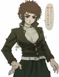 anger_vein black_hair choker cleavage demon_slayer female female_only gakuran genderswap_(mtf) irritated kaigaku kimetsu_no_yaiba large_breasts no_bra popped_button rule_63 short_hair solo speech_bubble straining_buttons teal_eyes thick_eyebrows tomboy uniform