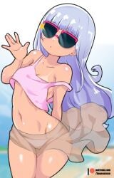 1girls aharen-san_wa_hakarenai aharen_reina bayeuxman beach bikini female female_focus female_only long_hair shiny_skin solo standing sunglasses tan tan_skin tanline thick_thighs tinted_eyewear wide_hips