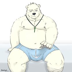 1:1 2018 anthro belly big_belly black_nose bulge clothing fur hi_res humanoid_hands kemono male mammal moobs mtflying30371 navel nipples overweight overweight_male polar_bear sitting solo underwear ursid ursine white_body white_fur