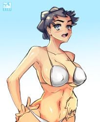 1girls alternate_breast_size armpits bare_shoulders big_breasts bikini black_hair blue_background blue_eyes blush breasts brown_hair champion cleavage diantha_(pokemon) erect_nipples exhibitionism female female_only gerph human human_only large_breasts looking_at_viewer midriff milf navel nintendo open_mouth photoshop pokemon pokemon_champion pokemon_xy short_hair sideboob solo standing swimsuit text third-party_edit toned undressing white_background white_bikini white_swimsuit