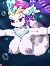 absurd_res anthro ass big_breasts breasts bubble clothing crown eyelashes eyeshadow female fin fish friendship_is_magic hair hasbro hi_res makeup marine my_little_pony my_little_pony:_the_movie_(2017) navel nipples novaspark nude patreon purple_eyes purple_hair queen_novo_(mlp) seahorse shell smile solo syngnathid syngnathiform underwater underwear water white_body