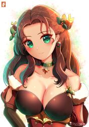 1girls alternate_costume artist_name bare_shoulders braid breasts brown_hair chinchongcha choker cleavage closed_mouth collarbone dorothea_arnault dorothea_arnault_(winter) dress earrings female female female_only fire_emblem fire_emblem:_three_houses fire_emblem_heroes fire_emblem_warriors:_three_hopes green_eyes highres jewelry large_breasts long_hair looking_at_viewer nintendo official_alternate_costume official_alternate_hairstyle red_dress signature strapless strapless_dress