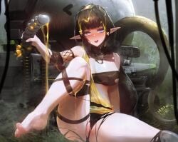 1girls anus areolae arknights ass belly belly_button black_hair blue_eyes breasts bulge curvy curvy_figure dildo dildo_in_hand dripping elf_ears eunectes_(arknights) feet feet_up flower flower_in_hair goggles goggles_on_head hair_ornament hips holding_dildo lancet-2_(arknights) lizard_tail mo_ne navel nipple_bulge nipples open_mouth partially_clothed pointy_ears pussy ripped_clothing ripped_pants sex_toy short_hair sitting sitting_on_floor solo solo_female spread_legs tail thigh_strap thighs vagina wet