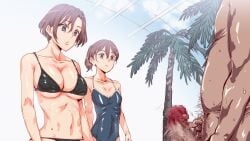 1male animated bare_shoulders bikini brown_hair censored cleavage collarbone common_sense_change emotionless erection expressionless femsub hitomi_(indifference_pool) huge_breasts hypnosis indifferent leotard maledom milf mind_control mosaic_censoring mother_and_daughter mukanshin_pool mutsuki navel nyuu_(manekin-eko) open_mouth purple_eyes short_hair thick_thighs