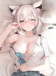 1girls 2022 absurdres ahoge animal_ear_fluff animal_ears aqua_eyes armpits bangs blue_bow blue_bowtie blush bow bowtie braid braided_ponytail breasts cleavage collared_shirt ear_piercing female female_focus female_only fox_ears fox_girl grey_skirt hair_between_eyes highres hololive hololive_gamers hololive_gen_1 hololive_japan large_breasts long_hair looking_at_viewer lying niku_(hamuchang) off_shoulder on_back on_bed open_clothes open_mouth open_shirt piercing shirakami_fubuki shirt side_braid silver_hair single_braid skirt solo solo_female sweat virtual_youtuber white_hair white_shirt