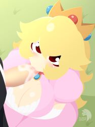 1boy 1girls big_breasts blonde_hair blowjob blush breasts cleavage crown cum cum_in_mouth dress fellatio insane_okamy light-skinned_female light-skinned_male mario_(series) oral princess_peach