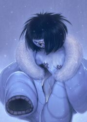 anthro bangs_over_eyes blue_skin bottomless chilly_(derek_hetrick) derek_hetrick fangs female ghost pasties winter_coat