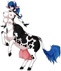 4_breasts blue_hair breast breasts centaur cow_girl cow_horns cow_tail cow_taur female female_only fur huge_breasts large_breasts madamsquiggles massive_breasts multi_breast solo solo_female udders