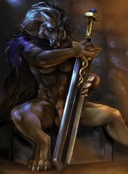 amberdrop anthro big_(disambiguation) blaidd_(elden_ring) canid canine canis clothing coat elden_ring fromsoftware genitals hi_res knight light looking_at_viewer male male_focus male_only male_solo mammal melee_weapon partial_nudity penis solo solo_focus solo_male sword topwear video_games warm_colors warrior weapon were werecanid werecanine werewolf wolf