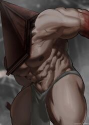 1boy abs bara biceps bodybuilder gay helmet horror_himbos loincloth male male_focus male_only muscle muscles muscular muscular_arms muscular_back muscular_legs muscular_male muscular_thighs nipples no_visible_genitalia painting_(artwork) pecs pyramid_head silent_hill silent_hill_2 solo thick_thighs veins