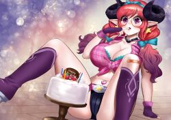 alternate_version_available bandage belly_piercing birthday birthday_cake bra_cups_sticking_out carrie72w cowboy_boots demon_girl female fingerless_gloves glasses gradient_hair highres horns icing indie_virtual_youtuber large_breasts licking long_hair low-angle_view necklace open_shirt pink_hair plaid_shirt pointy_ears purple_eyes red_hair solo tiefling tiffanytiefling virtual_youtuber wavy_hair