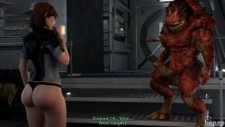 1boy 1girls 3d banap big_ass big_balls big_butt big_penis blender_(software) comic comic_page commander_shepard duo english_text female femshep imminent_sex interspecies krogan male mass_effect red_hair shocked surprised text thong urdnot_wrex