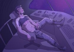 1boy 2d captain_joseph_korso korso male_only masturbation pants_open penis shirt_up solo spaceship titan_a.e. wink