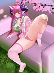 alternate_version_available bandage cherry_blossoms couch demon_girl female flower_in_hair green_hair green_nail_polish high-angle_view high_ponytail highres hoodie horns huug indie_virtual_youtuber large_breasts legs_apart long_hair mismatched_legwear multicolored_hair necklace pantyshot pink_hair pink_panties pointy_ears purple_eyes solo straight_hair tiefling tiffanytiefling virtual_youtuber