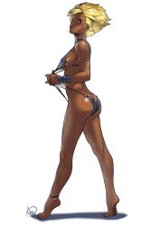 1girls arched_soles ass barefoot blonde_hair bra brown_eyes clothed clothing dark-skinned_female dark_skin feet female female_only ganassa league_of_legends panties rell_(league_of_legends) small_breasts soles swimsuit toes