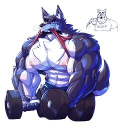 abs biceps bodybuilder chest_tuft dumbell glasses male_only muscular muscular_male nipples original_character pecs wolf yongdasom