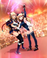 2girls arc_system_works blazblue blonde_hair blue_eyes blush catfight crossover crotch_claw cuntbusting cute dead_or_alive embarrassing female_only fun green_eyes hairbow happy koei_tecmo marie_rose multiple_girls noel_vermillion open_mouth shock skirt team_ninja twintails under_skirt wrestling wrestling_ring wrestlingryona yuri