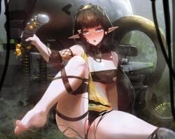 1girls anus areolae arknights ass belly belly_button black_hair blue_eyes breasts bulge curvy curvy_figure dildo dildo_in_hand elf_ears eunectes_(arknights) feet feet_up flower flower_in_hair goggles goggles_on_head hair_ornament hips holding_dildo lancet-2_(arknights) lizard_tail mo_ne navel nipple_bulge nipples open_mouth partially_clothed pointy_ears pussy ripped_clothing ripped_pants sex_toy short_hair sitting sitting_on_floor solo solo_female spread_legs tail thigh_strap thighs vagina