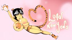 1girls black_hair bootlegjones breasts_bigger_than_ass chinese_new_year ching_ming covering_breasts female huge_breasts large_breasts solo tiger_ears tiger_tail top_heavy topless year_of_the_tiger yellow-skinned_asian