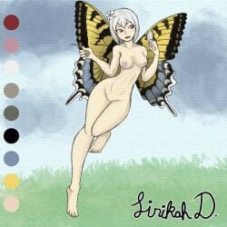 1girls breasts butterfly_wings cloud clouds color_palette eyebrows eyelashes fairy fairy_wings field flower flower_in_hair flying grass holding_object looking_to_the_side naked original pink_eyes pose sirikahdrawing white_hair