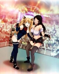 2girls blonde_hair blush brown_hair catfight crossover crotch_claw cuntbusting cute dead_or_alive embarrassing female_only fun happy koei_tecmo kokoro_(doa) marie_rose multiple_girls open_mouth shock skirt twintails under_skirt wrestling wrestling_ring wrestlingryona yuri